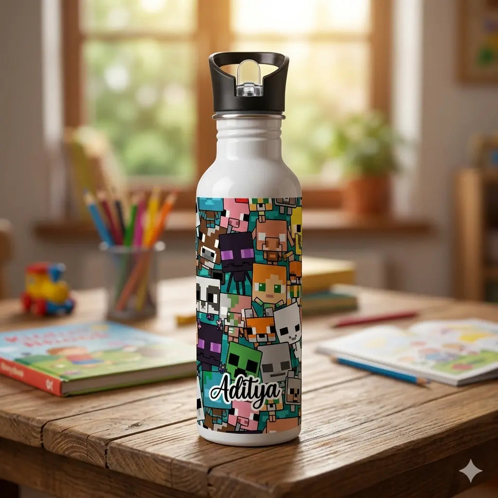 Personalised Printed Kids Stainless Steel Bottle With Straw