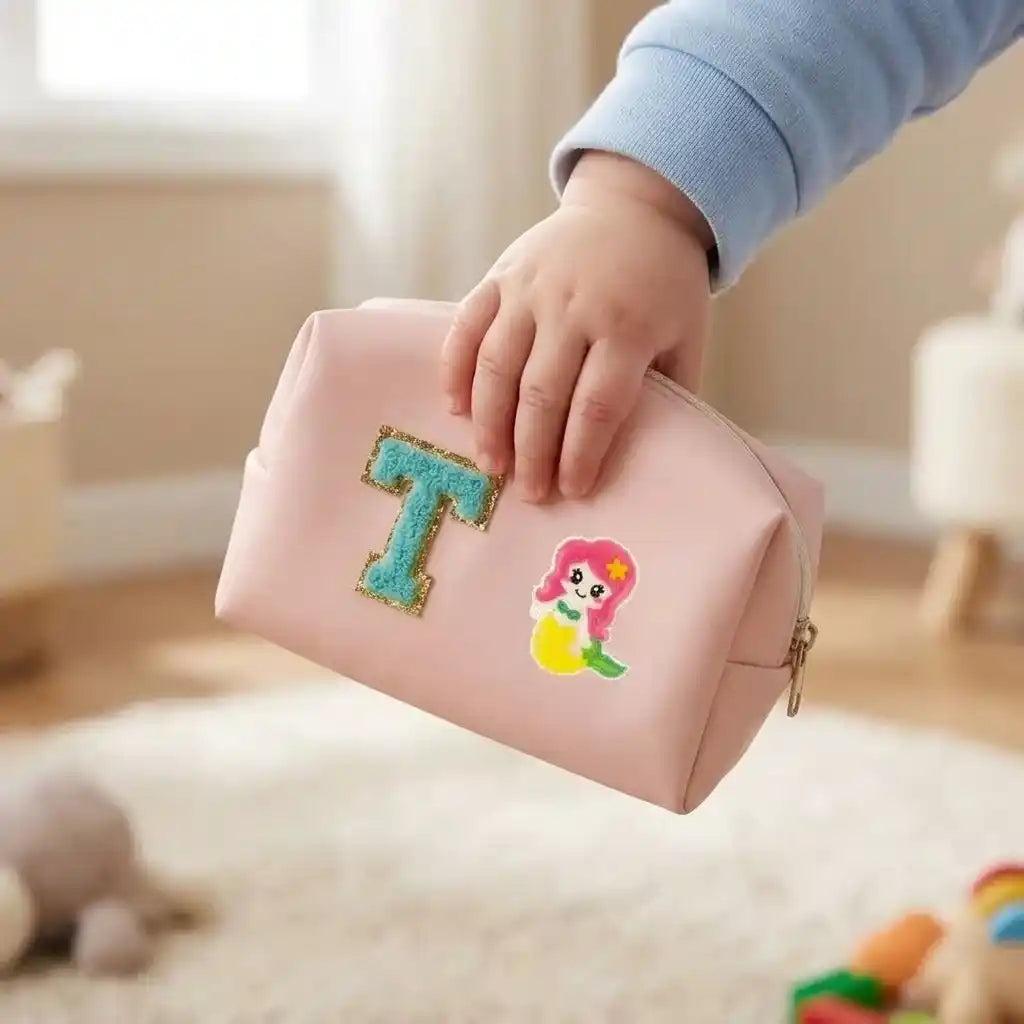 Personalized PU Pouch with Patch and Initial Letter