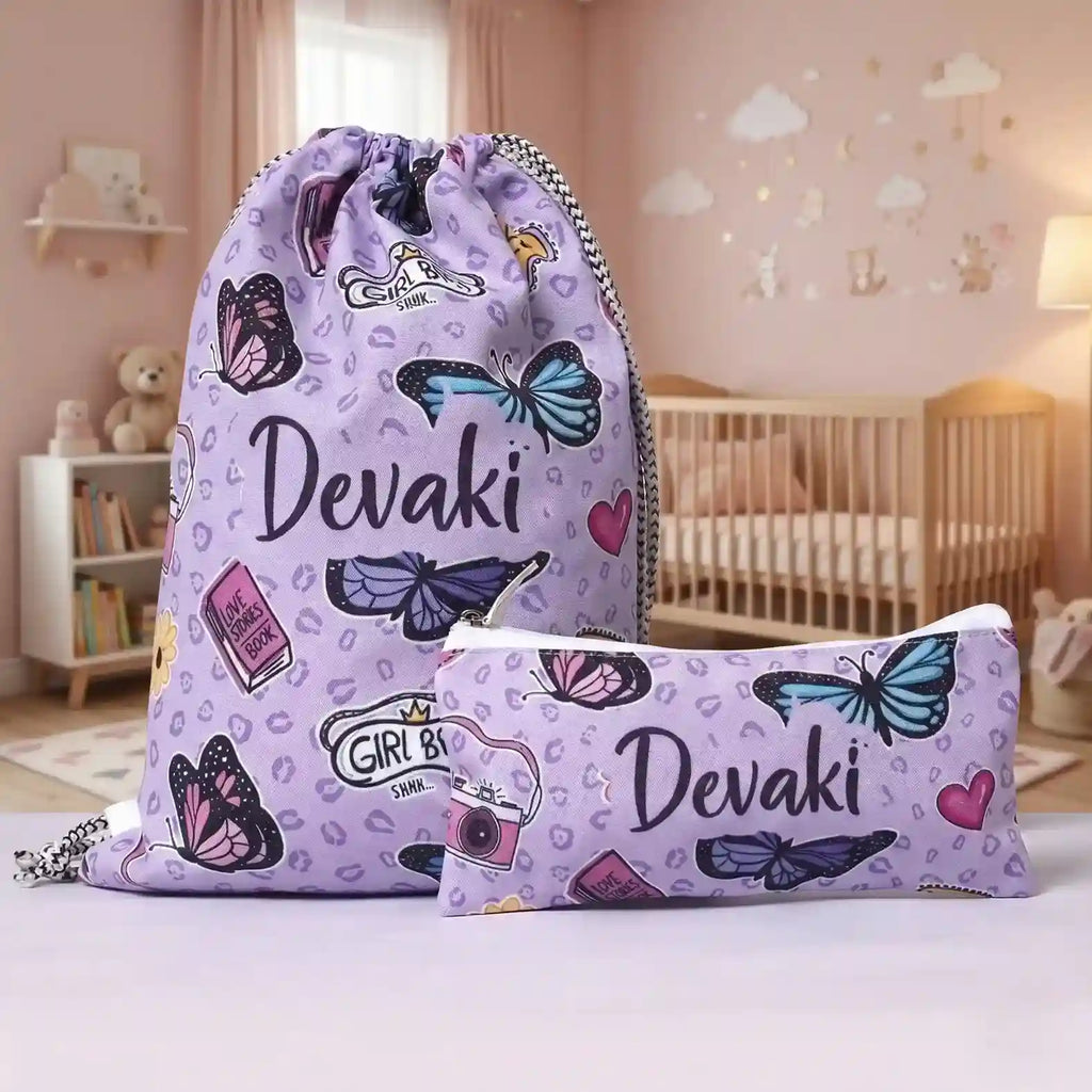 Personalised Printed Kids Drawstring Bag & Pencil Pouch Combo