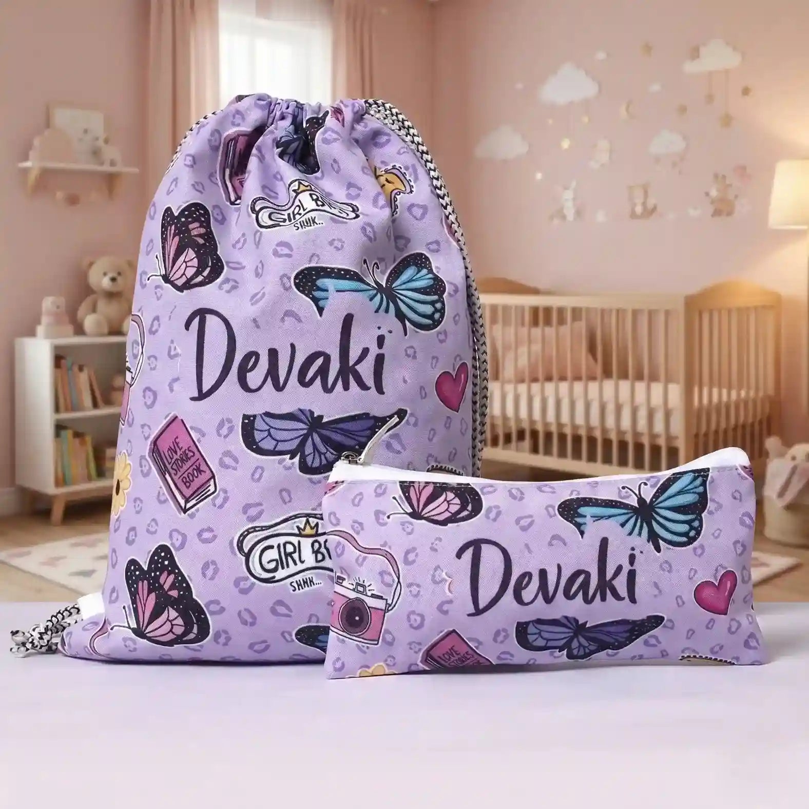 Personalised Printed Kids Drawstring Bag & Pencil Pouch Combo