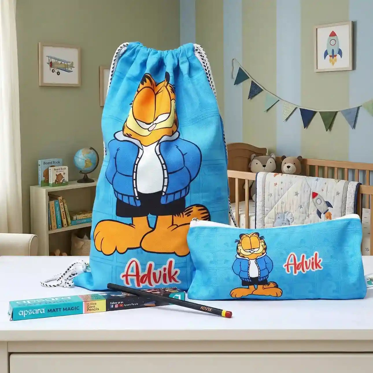 Personalised Printed Kids Drawstring Bag & Pencil Pouch Combo