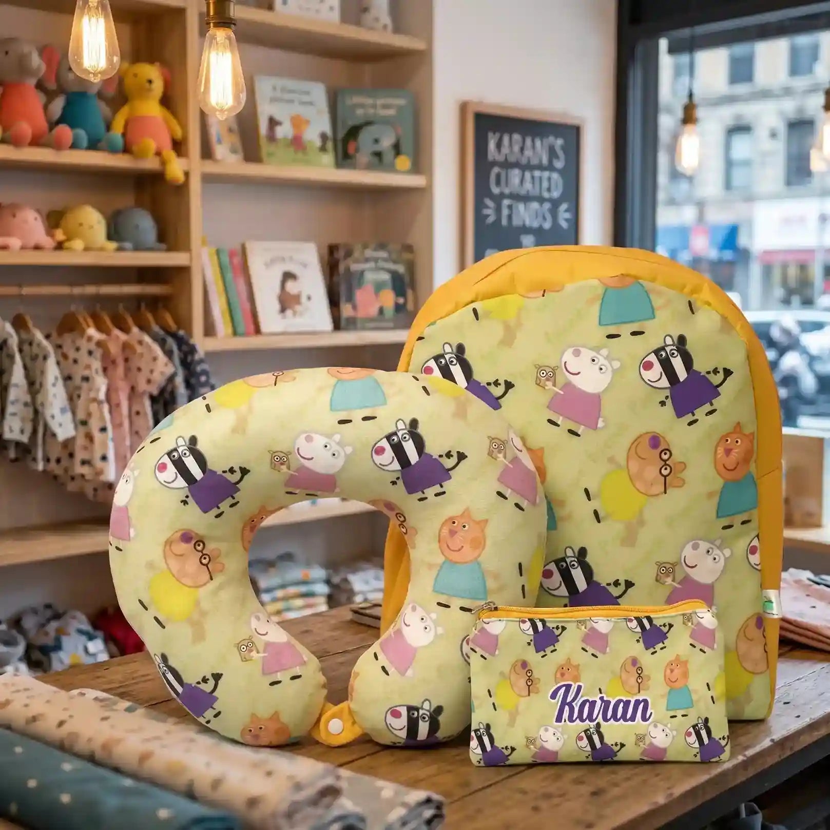 Personalised Printed Kids Neck Pillow with Backpack Combo Gift Set