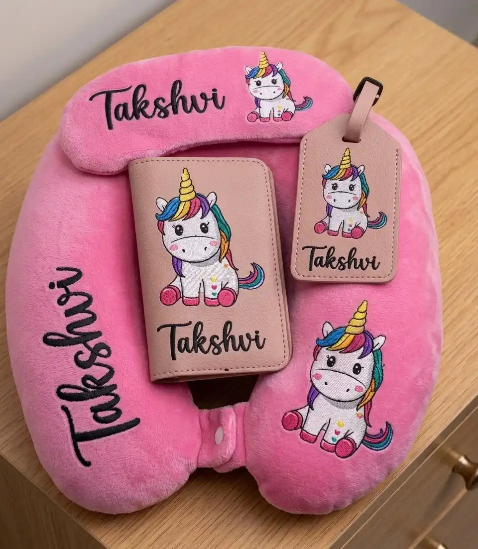 Personalised Printed Neck Pillow with Passport Cover Combo for Kids