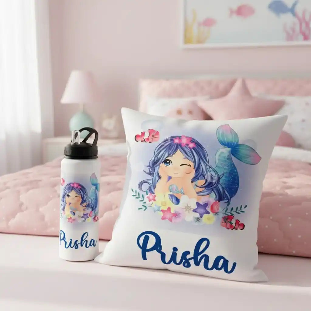 Personalised White Sipper Bottle with Cushion Combo Set for Kids