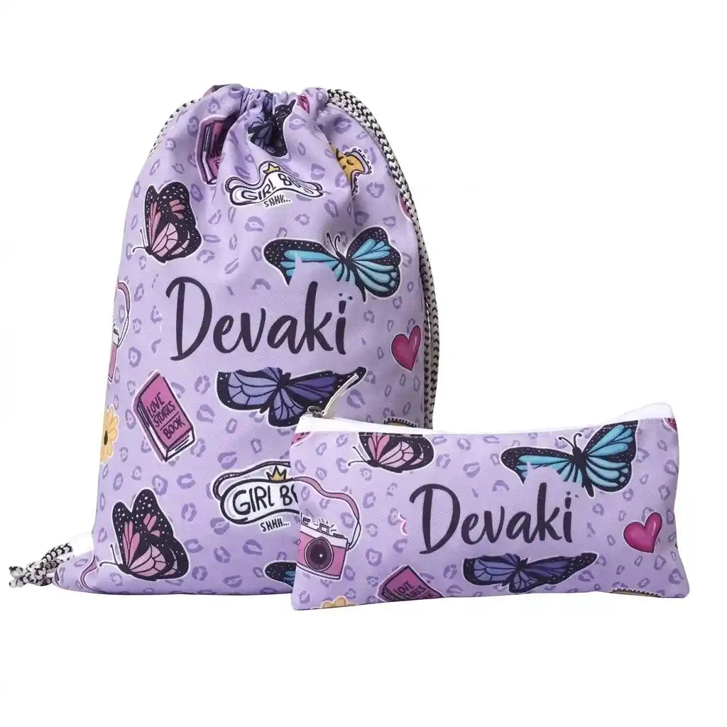 Personalised Printed Kids Drawstring Bag & Pencil Pouch Combo