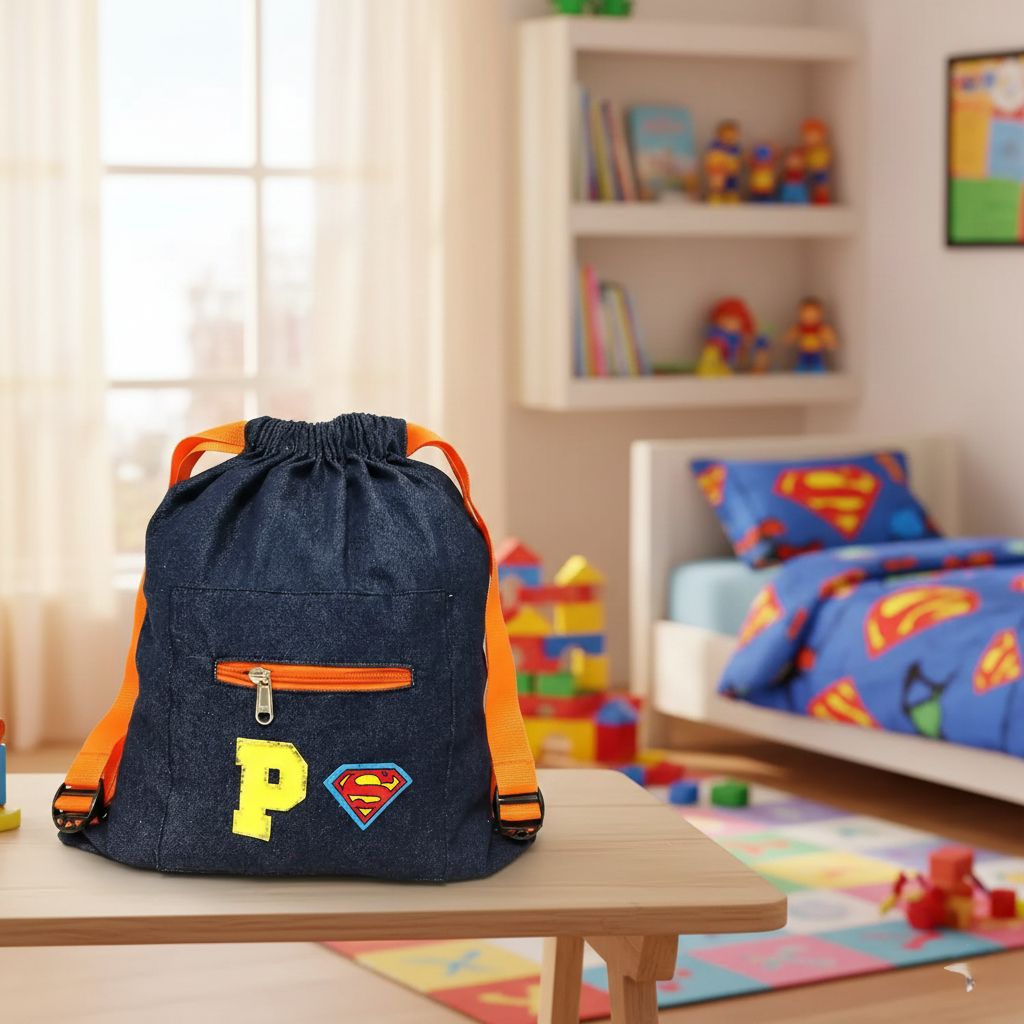 Personalized Denim Drawstring Bag for Kids