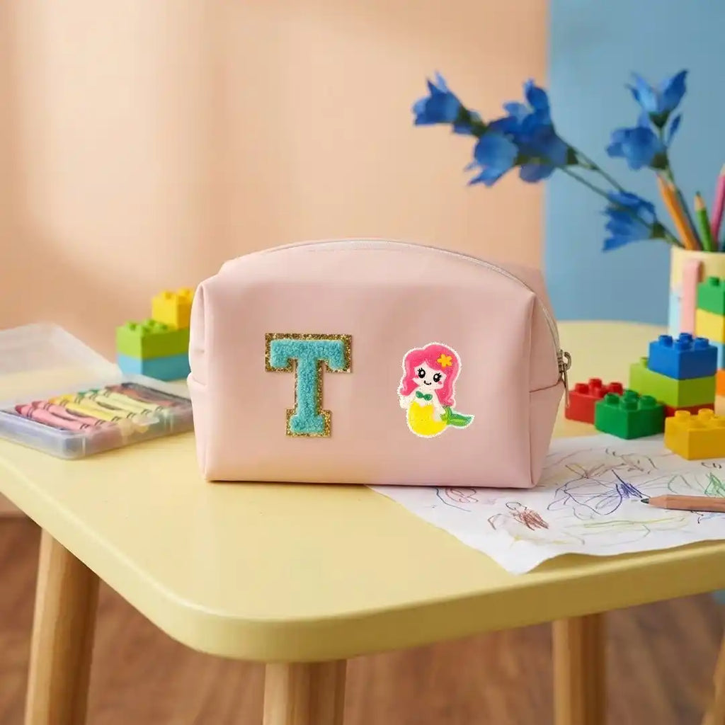 Personalized PU Pouch with Patch and Initial Letter 