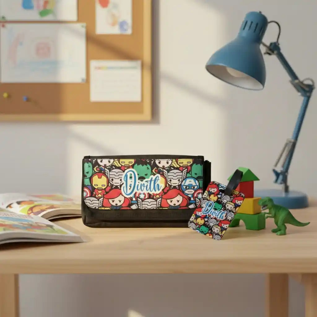 Personalized Printed Stationery Pouch with Luggage Tag Combo for Kids