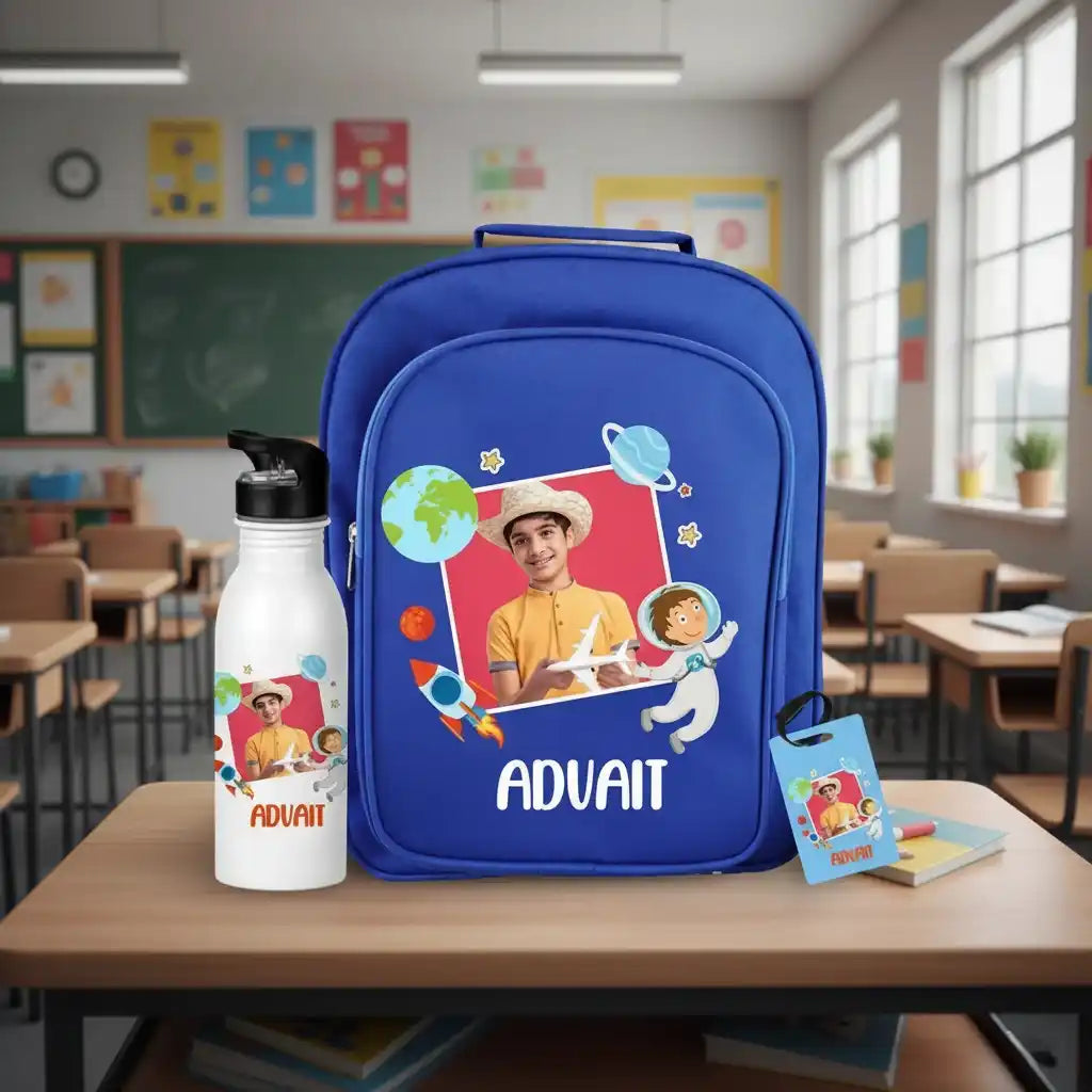 Personalized School Bag & Steel Sipper with Bag Tag Combo For Kids