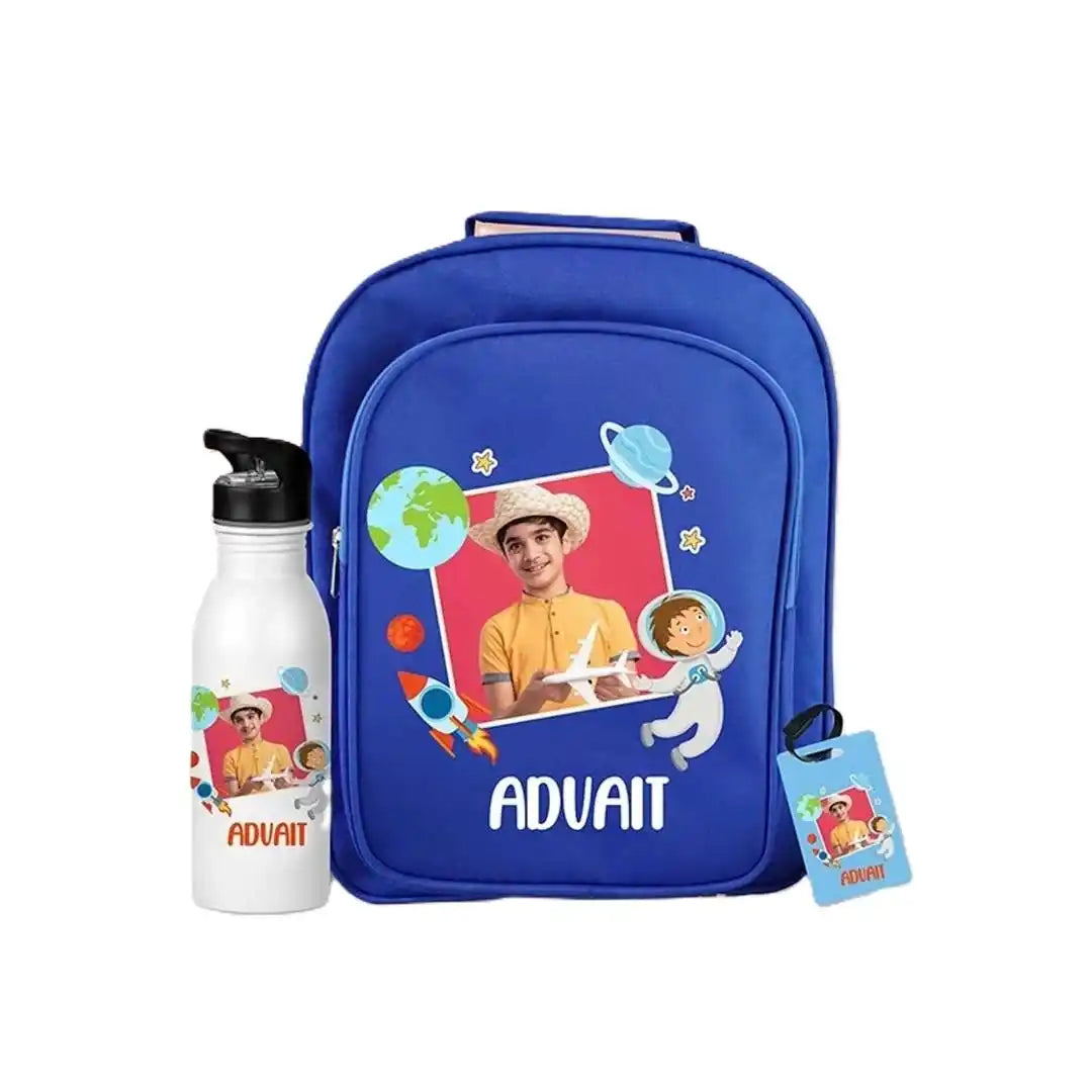 Personalized School Bag & Steel Sipper with Bag Tag Combo For Kids